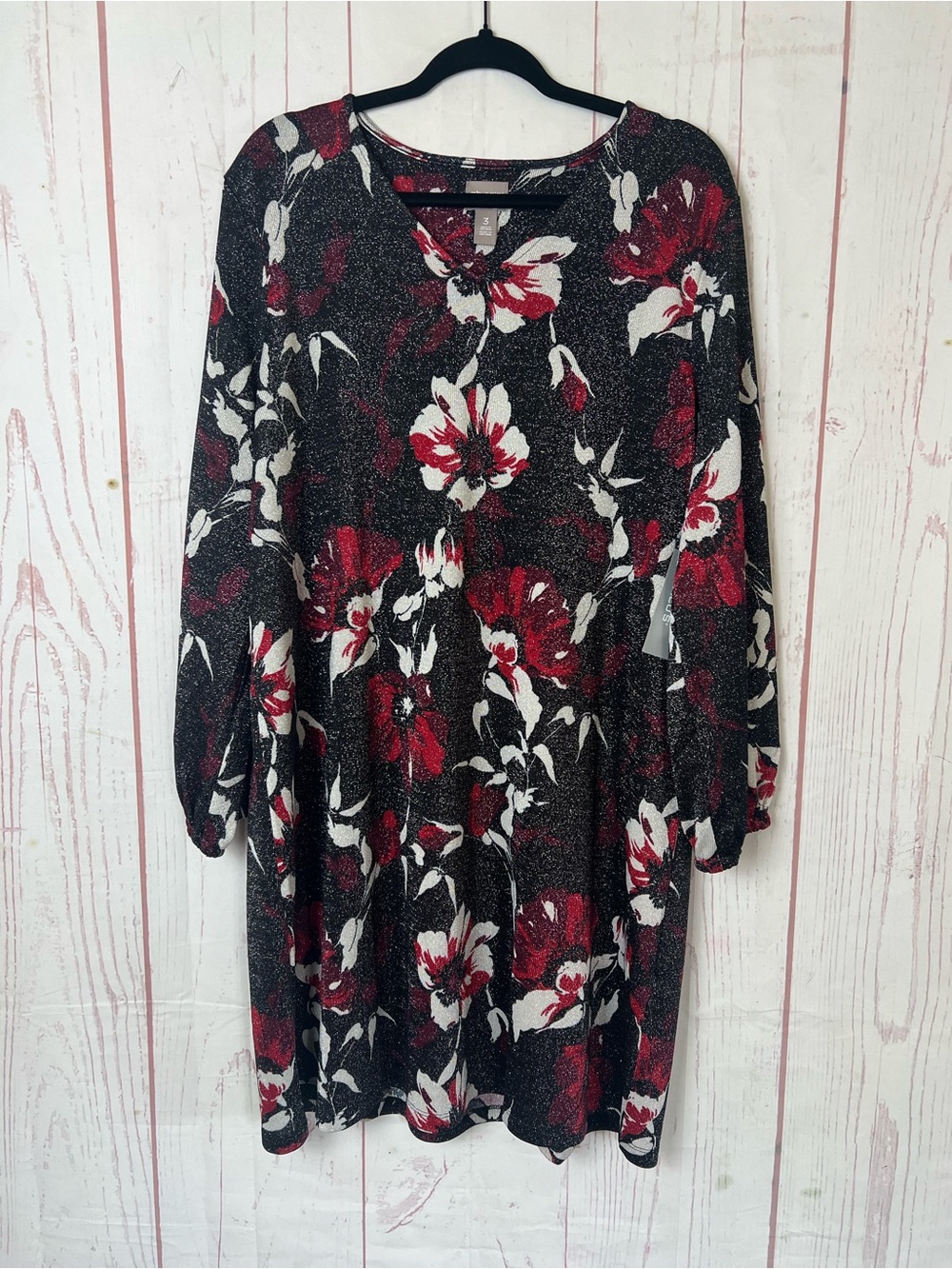 Chicos XL 3 Black Slinky Stretch Knit Long Gathered Sleeve Dress Printed Sparkle